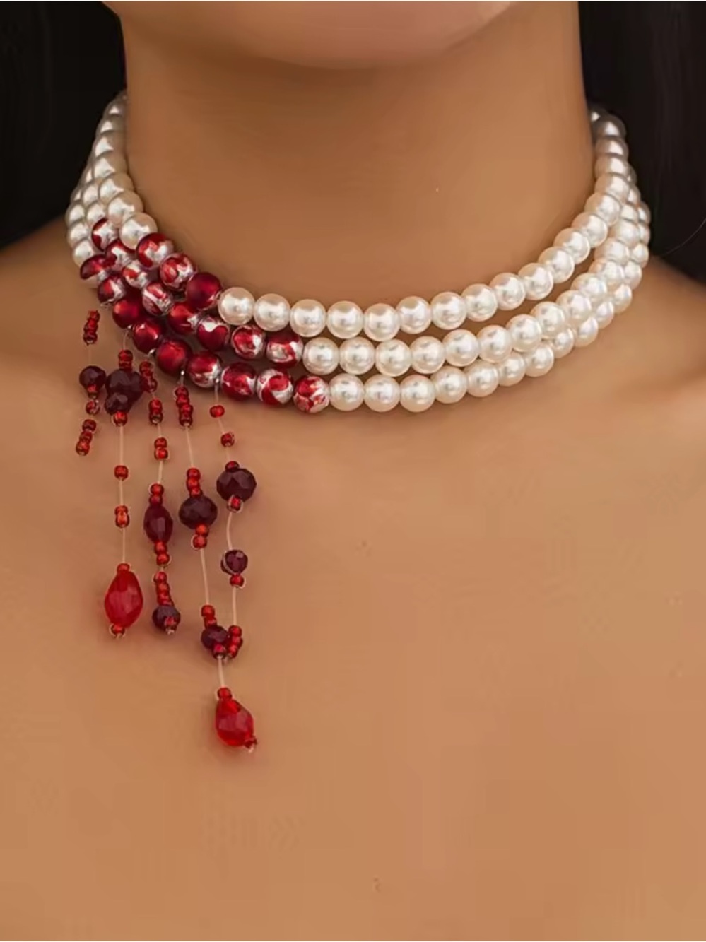 Triple-Row White Pearl Choker Necklace with Red Bead Fringe